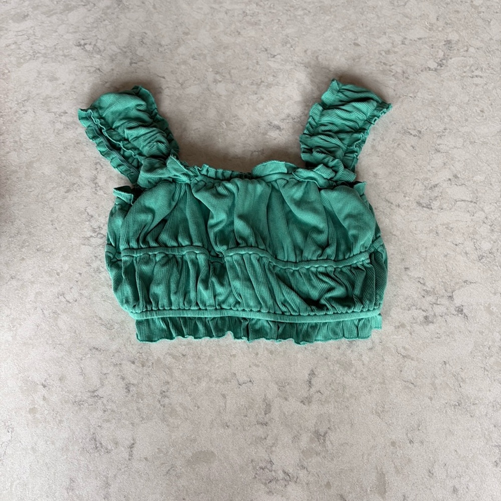 Listicle Green Ruched Ruffled Cropped Tank Top